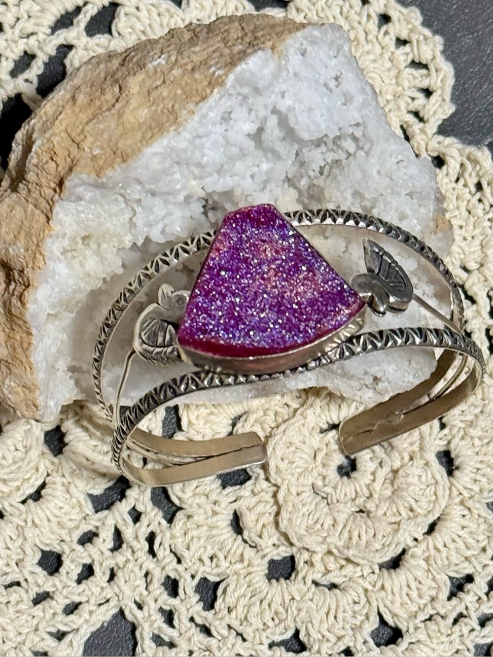Pink Druzy Stone 925 Sterling Silver Cuff Bracelet